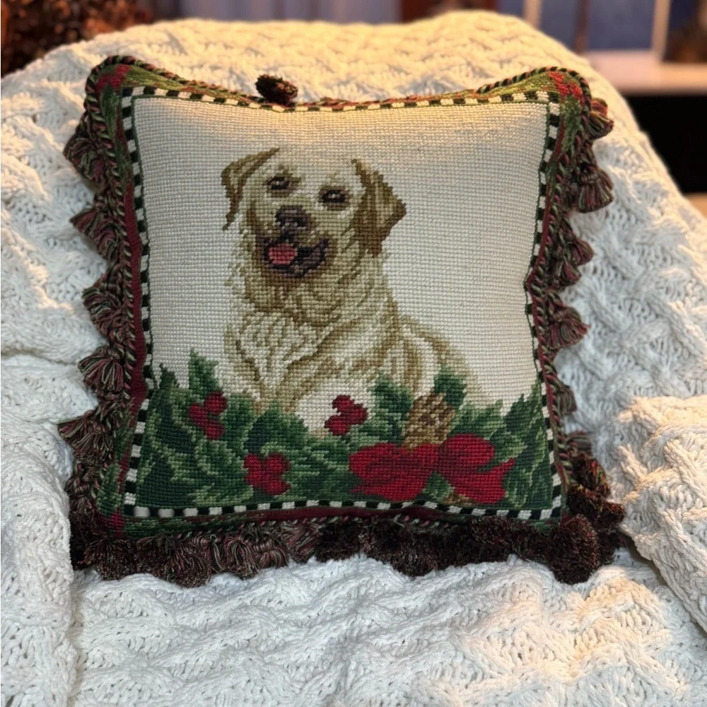 Holiday Dog Needlepoint Pillow
